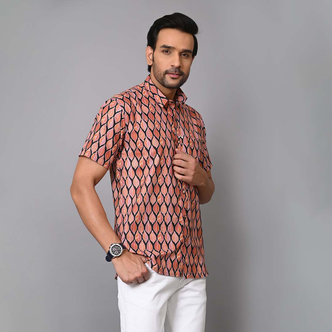 Leaf Printed Cotton Half Sleeves Shirt