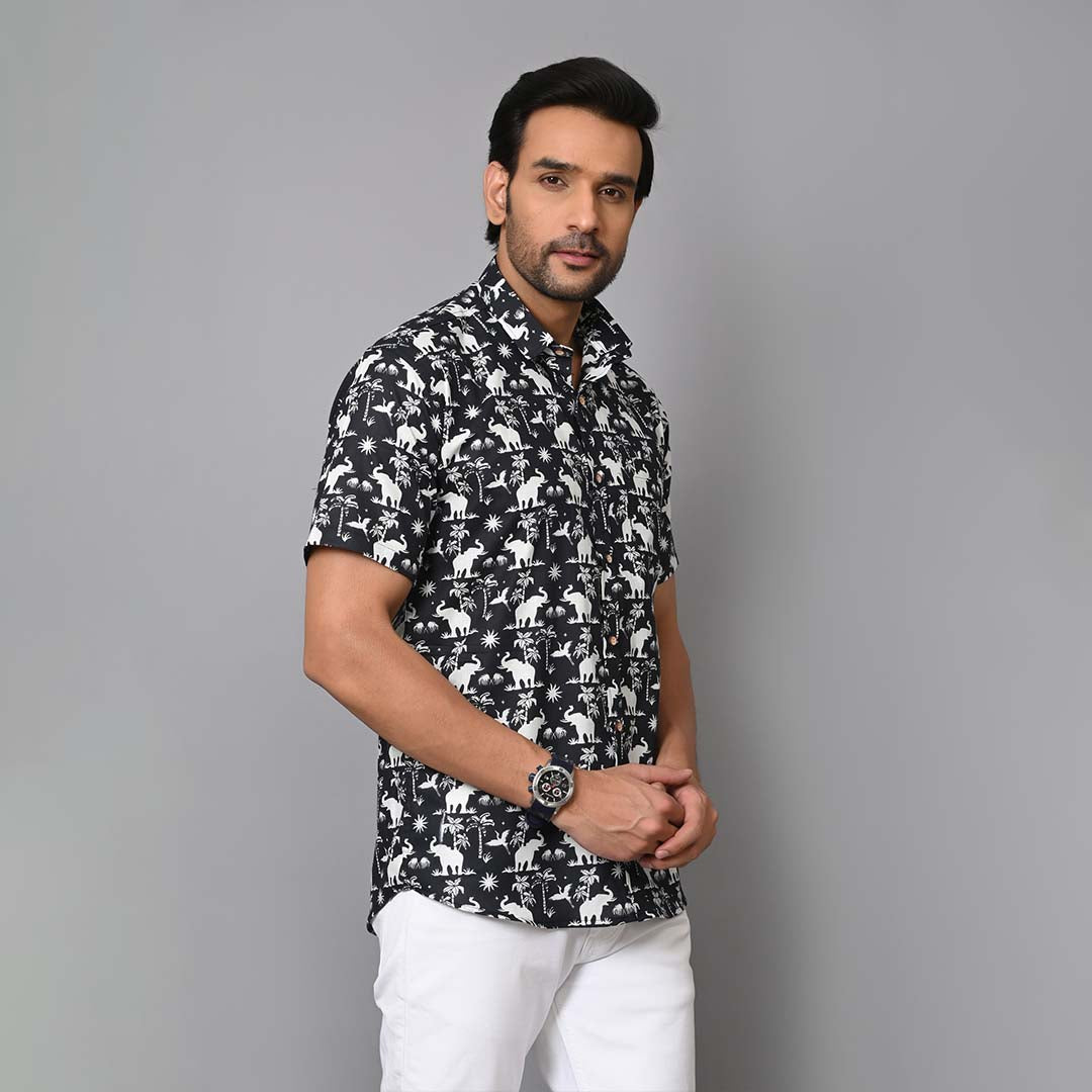 Black Elephant Printed Half Sleeves Shirt