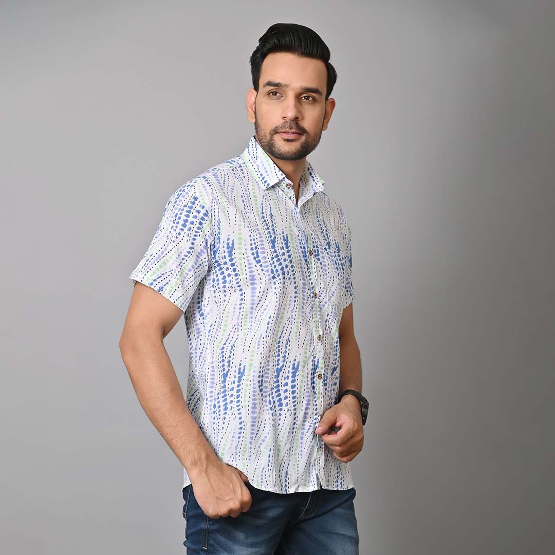 Sea Blue Waves Printed Half Sleeves Shirt