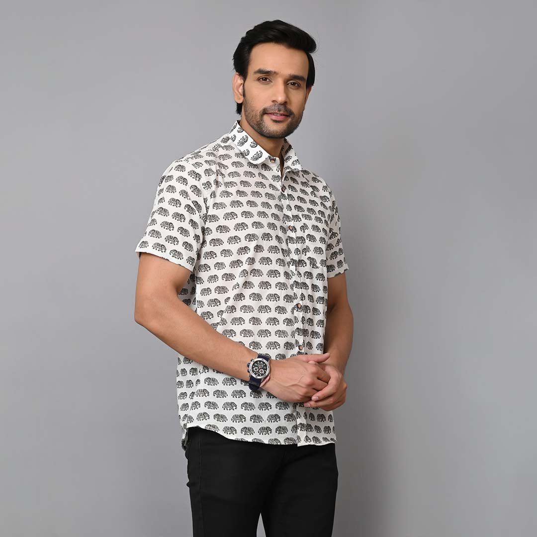 Elephant Printed Cotton Half Sleeves Shirt