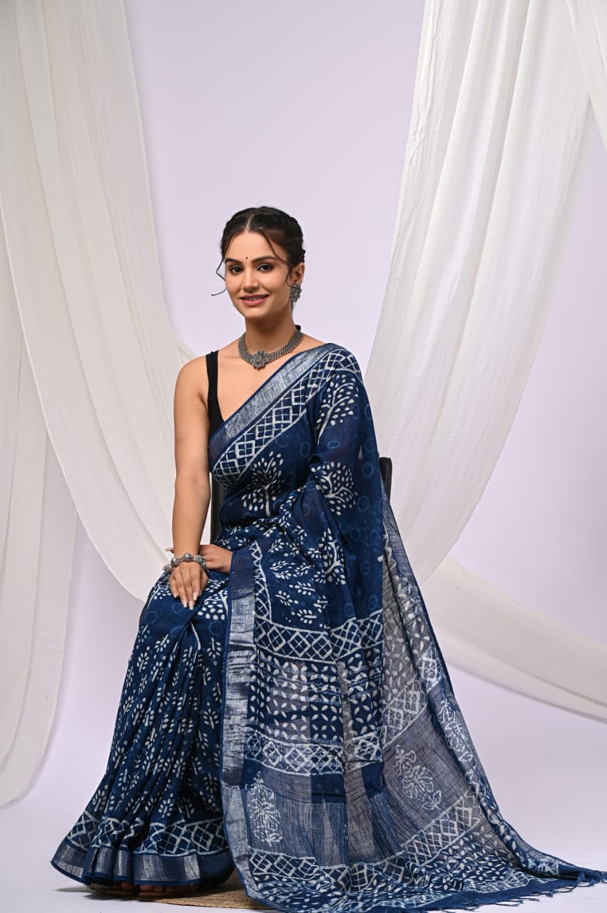 Indigo Dabu Tree of Life Hand Block Print Linen Cotton Saree | Silver Tissue Border