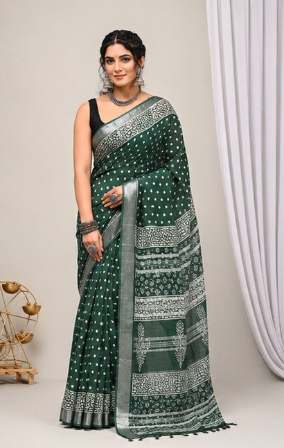 Bottle Green Polka Dot Hand Block Print Linen Cotton Saree with Silver Tissue Border & Paisley Pallu