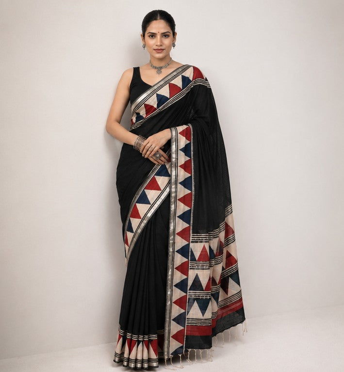 Black Linen Cotton Saree with Tribal Triangle Border & Silver Tissue Edge | Hand Block Print