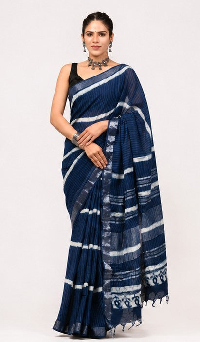Indigo Lehariya Hand Block Print Linen Cotton Saree with Silver Tissue Border
