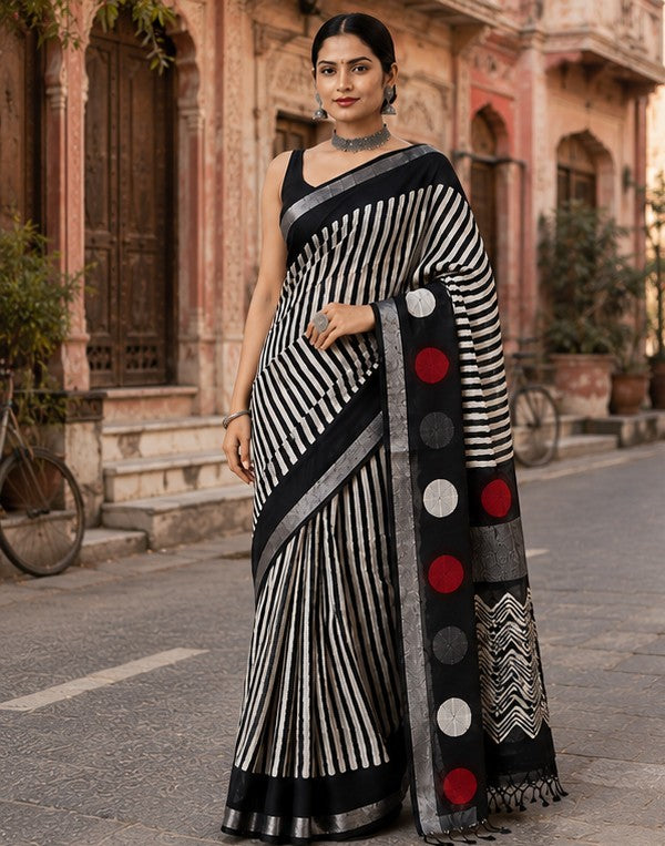Black & Ivory Striped Linen Cotton Saree with Bold Geometric Disc Pallu | Hand Block Print