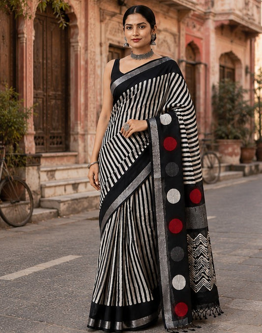 Black & Ivory Striped Linen Cotton Saree with Bold Geometric Disc Pallu | Hand Block Print