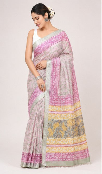 Pastel Cream Pink Paisley Hand Block Print Linen Cotton Saree with Multi-Colour Pallu
