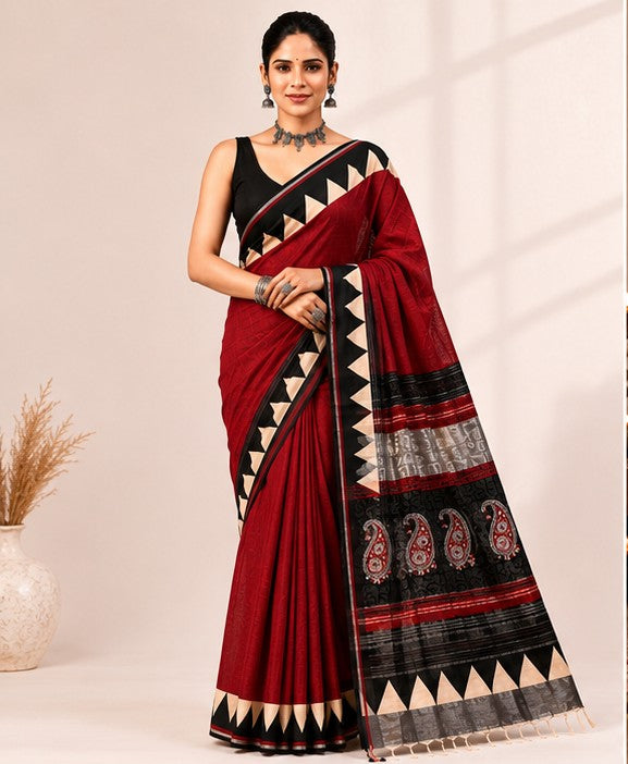 Maroon Red Linen Cotton Saree with Temple Border & Black Paisley Pallu | Handcrafted in Jaipur