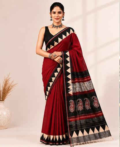 Maroon Red Linen Cotton Saree with Temple Border & Black Paisley Pallu | Handcrafted in Jaipur