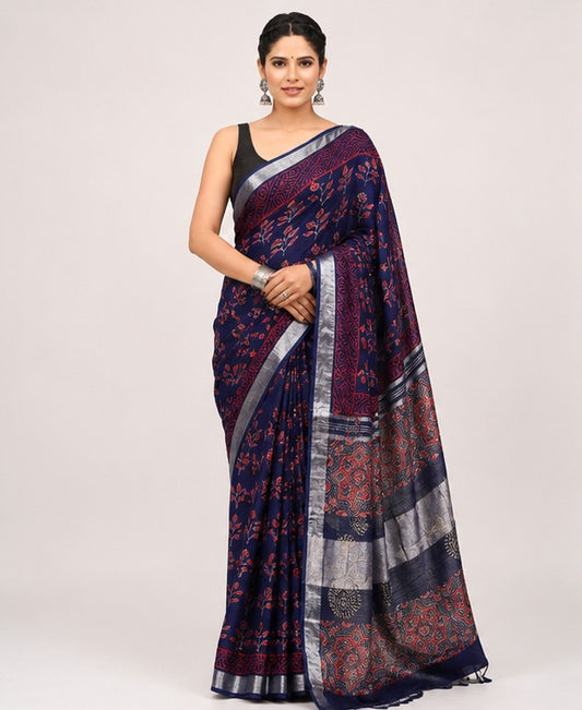 Midnight Blue Linen Cotton Saree with Red Floral Block Print & Ajrakh Pallu | Silver Tissue Border