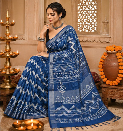 Indigo Blue Dabu Chevron Hand Block Print Linen Cotton Saree with Silver Tissue Border