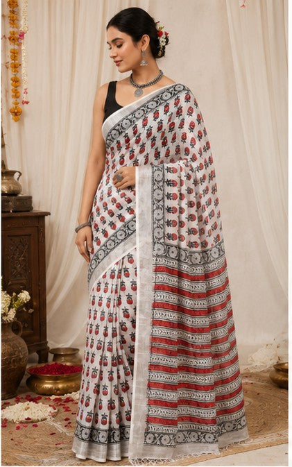 Ivory Linen Cotton Saree with Red Poppy Block Print & Silver Tissue Border | Handcrafted in Jaipur