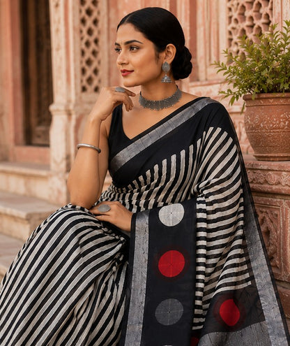 Black & Ivory Striped Linen Cotton Saree with Bold Geometric Disc Pallu | Hand Block Print