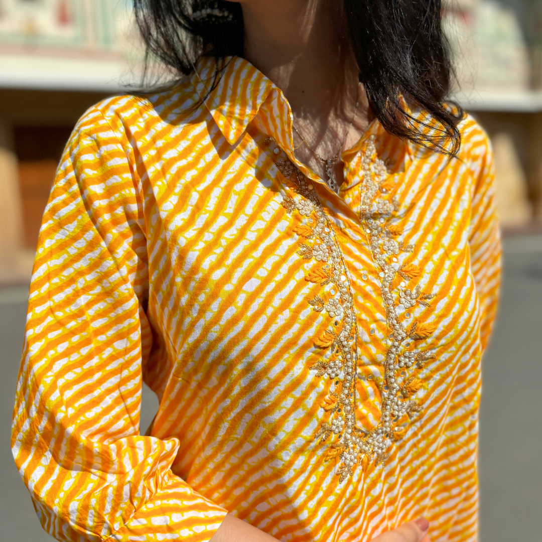 Yellow Pearl Embellished Lehariya