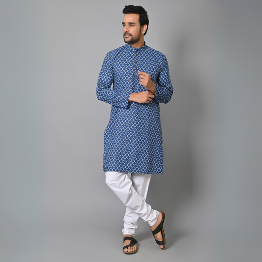 Navy Blue Petals Printed Long Kurta