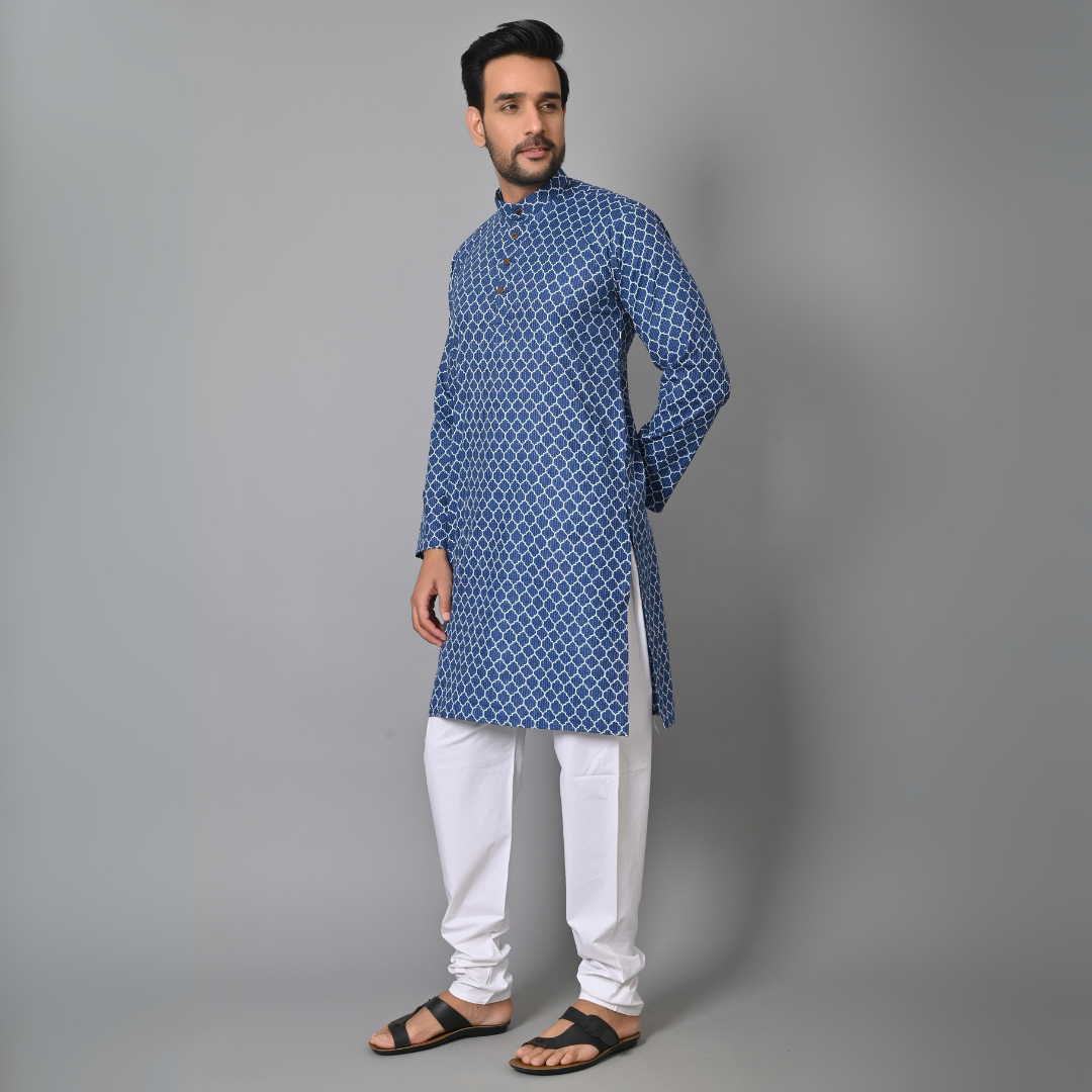 Navy Blue Petals Printed Long Kurta