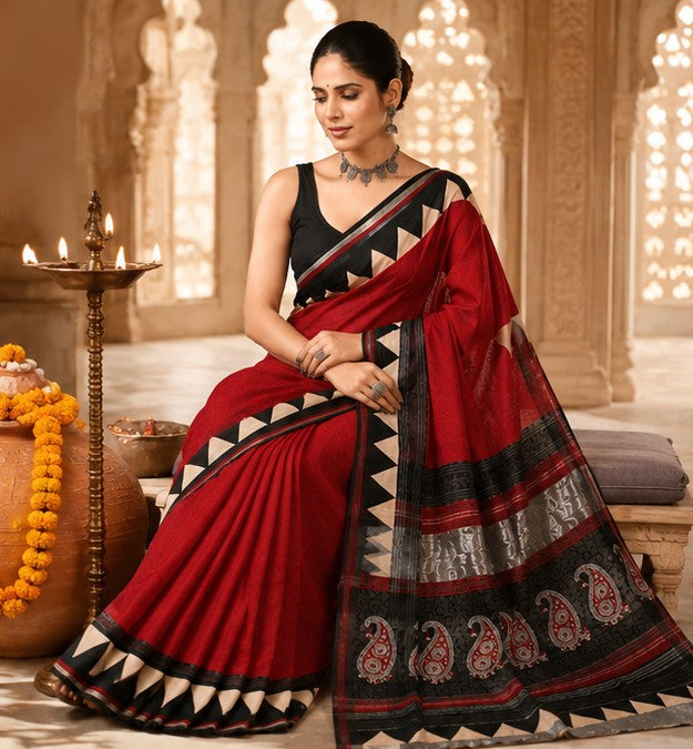 Maroon Red Linen Cotton Saree with Temple Border & Black Paisley Pallu | Handcrafted in Jaipur