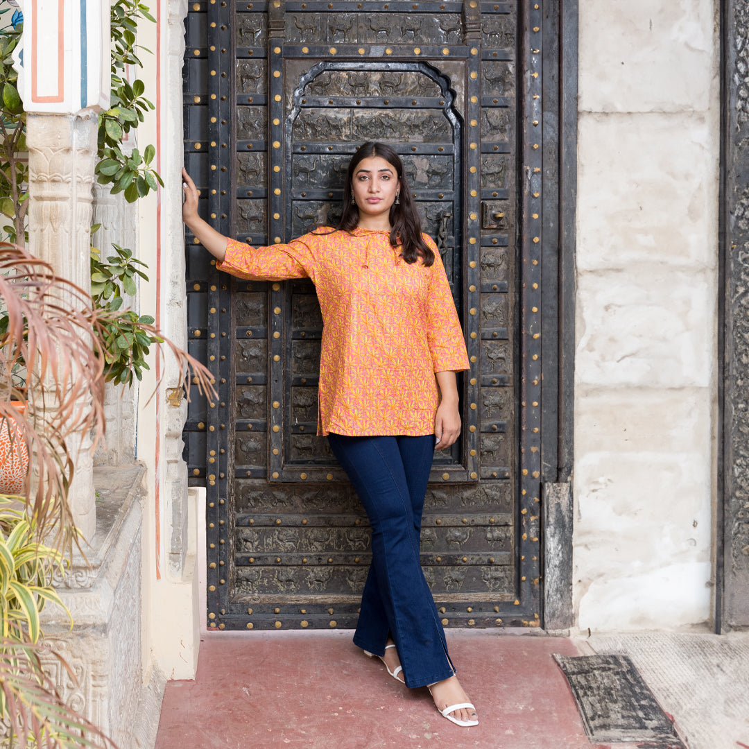 Orange Melow Katha Short Kurti