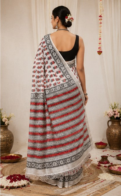Ivory Linen Cotton Saree with Red Poppy Block Print & Silver Tissue Border | Handcrafted in Jaipur