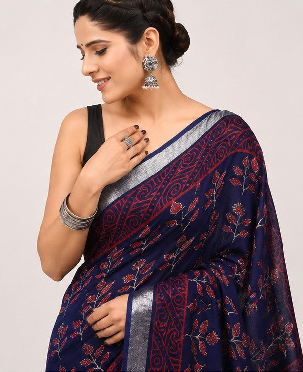 Midnight Blue Linen Cotton Saree with Red Floral Block Print & Ajrakh Pallu | Silver Tissue Border