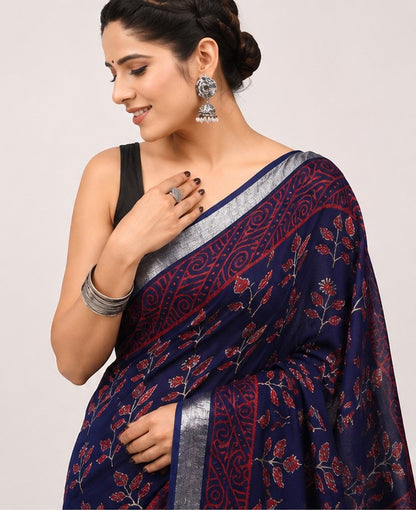 Midnight Blue Linen Cotton Saree with Red Floral Block Print & Ajrakh Pallu | Silver Tissue Border
