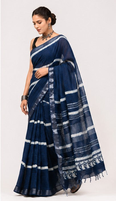 Indigo Lehariya Hand Block Print Linen Cotton Saree with Silver Tissue Border