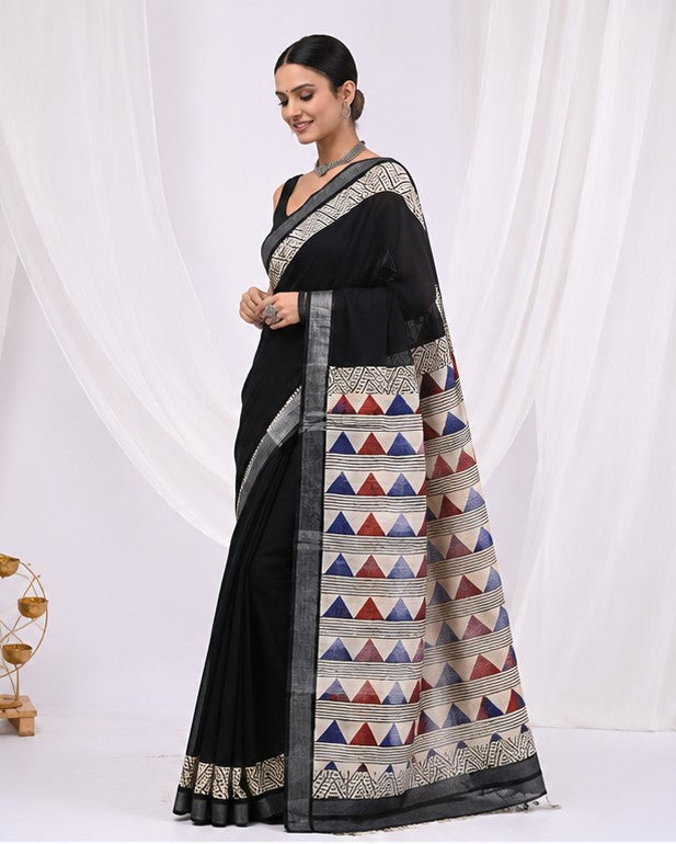 Black Linen Cotton Saree with Tribal Triangle Border & Silver Tissue Edge | Hand Block Print