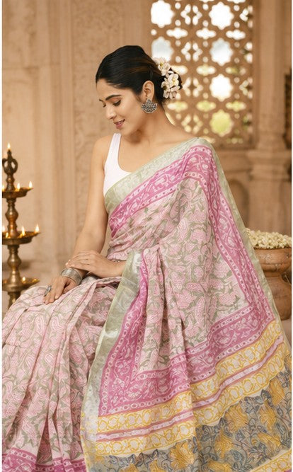 Pastel Cream Pink Paisley Hand Block Print Linen Cotton Saree with Multi-Colour Pallu