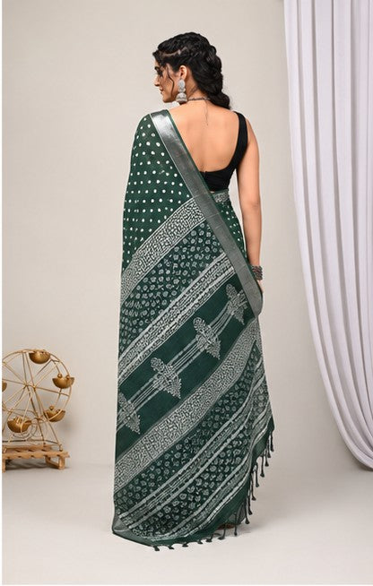 Bottle Green Polka Dot Hand Block Print Linen Cotton Saree with Silver Tissue Border & Paisley Pallu