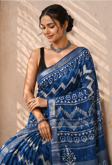 Indigo Blue Dabu Chevron Hand Block Print Linen Cotton Saree with Silver Tissue Border