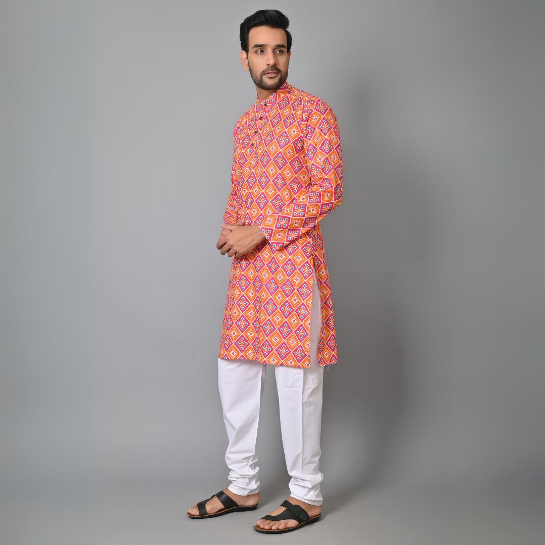 Orange Abstract Printed Long Kurta