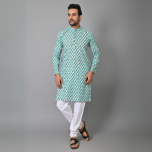 Blue Flower Printed Long Kurta