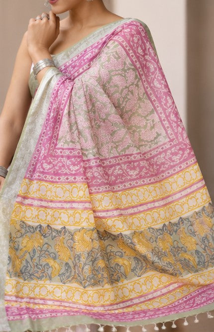Pastel Cream Pink Paisley Hand Block Print Linen Cotton Saree with Multi-Colour Pallu