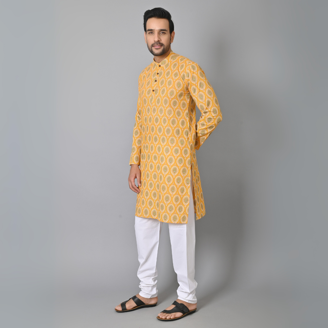 Yellow HandBlock Printed Long Kurta