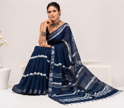 Indigo Lehariya Hand Block Print Linen Cotton Saree with Silver Tissue Border
