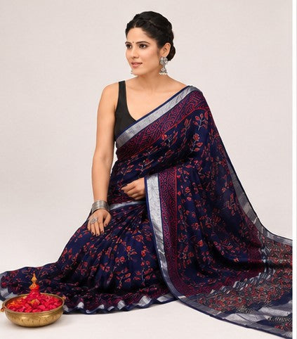 Midnight Blue Linen Cotton Saree with Red Floral Block Print & Ajrakh Pallu | Silver Tissue Border