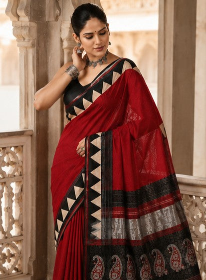 Maroon Red Linen Cotton Saree with Temple Border & Black Paisley Pallu | Handcrafted in Jaipur