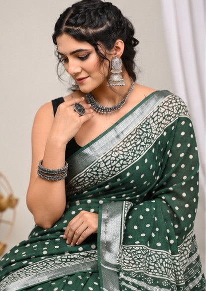 Bottle Green Polka Dot Hand Block Print Linen Cotton Saree with Silver Tissue Border & Paisley Pallu