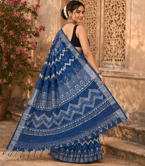 Indigo Blue Dabu Chevron Hand Block Print Linen Cotton Saree with Silver Tissue Border