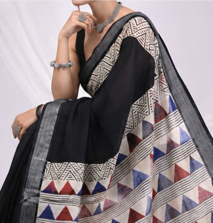 Black Linen Cotton Saree with Tribal Triangle Border & Silver Tissue Edge | Hand Block Print