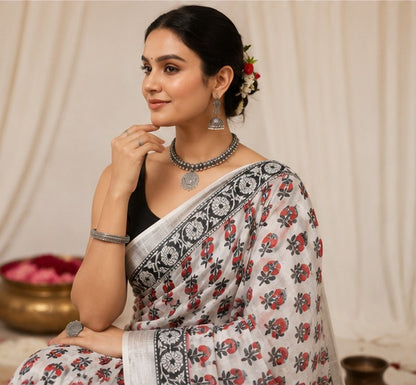 Ivory Linen Cotton Saree with Red Poppy Block Print & Silver Tissue Border | Handcrafted in Jaipur