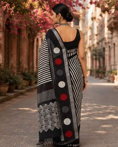 Black & Ivory Striped Linen Cotton Saree with Bold Geometric Disc Pallu | Hand Block Print