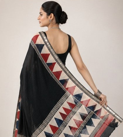 Black Linen Cotton Saree with Tribal Triangle Border & Silver Tissue Edge | Hand Block Print