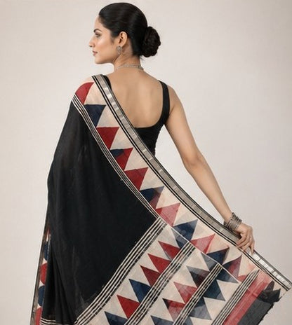 Black Linen Cotton Saree with Tribal Triangle Border & Silver Tissue Edge | Hand Block Print
