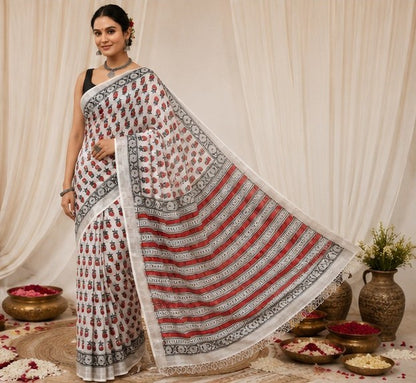 Ivory Linen Cotton Saree with Red Poppy Block Print & Silver Tissue Border | Handcrafted in Jaipur