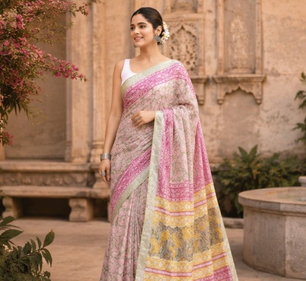 Pastel Cream Pink Paisley Hand Block Print Linen Cotton Saree with Multi-Colour Pallu