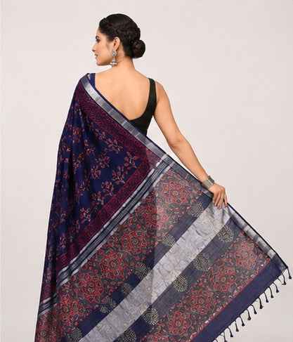 Midnight Blue Linen Cotton Saree with Red Floral Block Print & Ajrakh Pallu | Silver Tissue Border