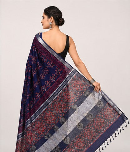Midnight Blue Linen Cotton Saree with Red Floral Block Print & Ajrakh Pallu | Silver Tissue Border
