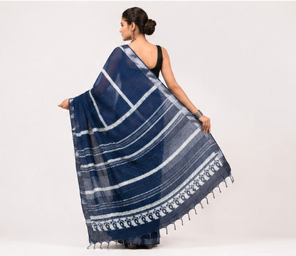 Indigo Lehariya Hand Block Print Linen Cotton Saree with Silver Tissue Border