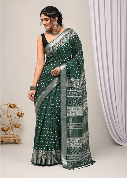 Bottle Green Polka Dot Hand Block Print Linen Cotton Saree with Silver Tissue Border & Paisley Pallu